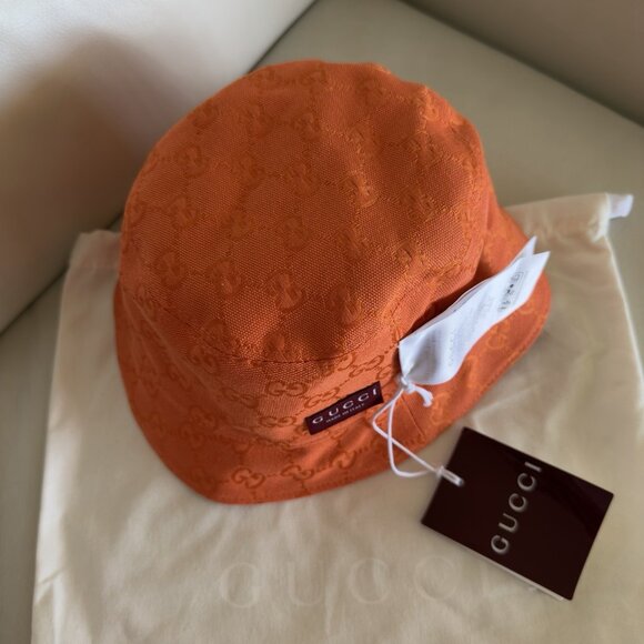 NWT GUCCI Fedora Reversible Orange Canvas-jacquard Bucket Hat Sz S Pink - Picture 5 of 12